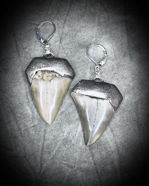 Handmade designer sterling silver dangle drop, huggie style earrings featuring genuine make shark tooth fossils for the elegant and bohemian jewelry collector.  