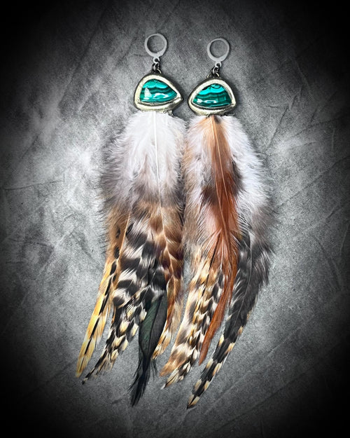 Vintage inspired handmade sterling silver dangle earrings featuring malachite heart healing crystal and natural organic feathers!  Boho gift for her, holiday gift idea. 