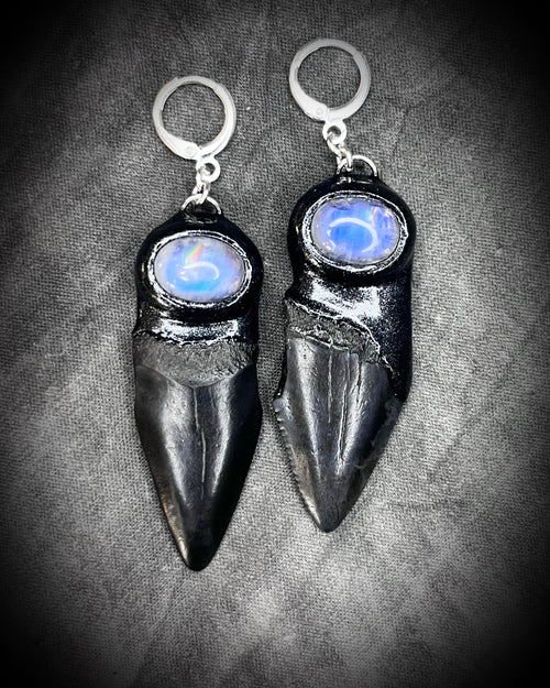 Natural shark tooth fossil and moonstone sterling silver earrings.  Handmade in the USA, these dangle earrings will empower and inspire you!  Best gift for her. 
