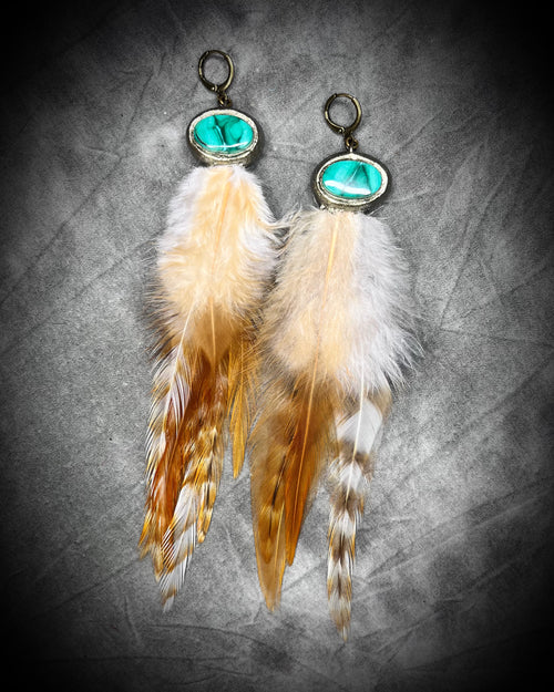 Vintage inspired handmade dangle earrings featuring malachite heart healing crystal and natural organic feathers!  Boho gift for her, gift idea. 