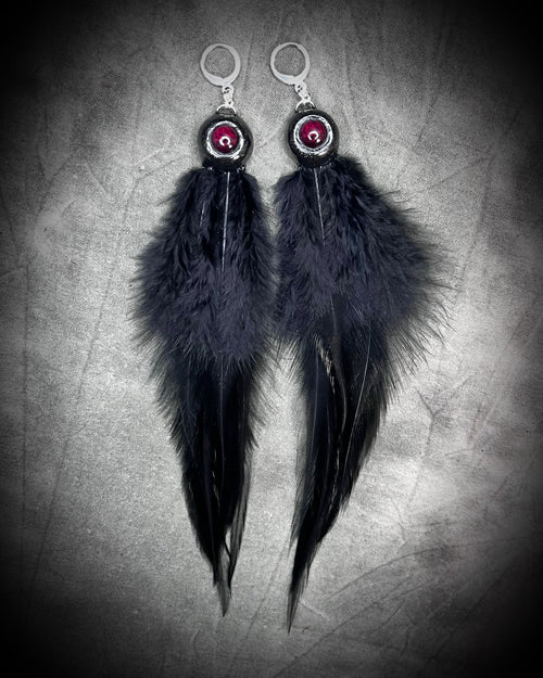 Garnet black feather earrings on sterling silver ear hooks, handmade in the usa boho festival style jewelry for free people and spiritual activation.