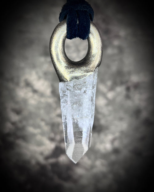 Handmade Lemurian Light Crystal healing necklace. Spiritual and magical jewelry for living an enlightened life. Unisex leather gemstone jewelry. 