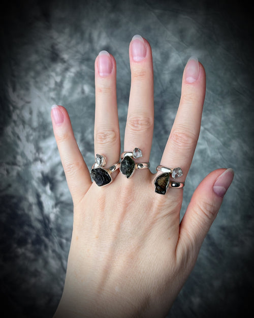 Chunky sterling silver adjustable Moldavite and Herkimer Diamond raw stone rings with natural gemstones, best gift for her.