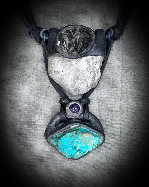 Handmade Chrysocolla amethyst and quartz leather gemstone necklace, artisanal jewelry, organic jewelry for her. 