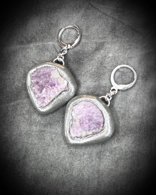 2025 Lepidolite 'crystal of the year' handmade sterling silver dangle earrings.  Female made in the USA.