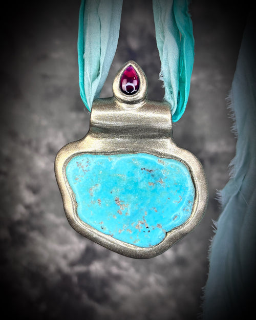 Turquoise and Garnet Regal chunky gold Necklace Crystal Healing Pendant gift for her. Handmade in the USA and hung from recycled silk for an eco-friendly elegance.