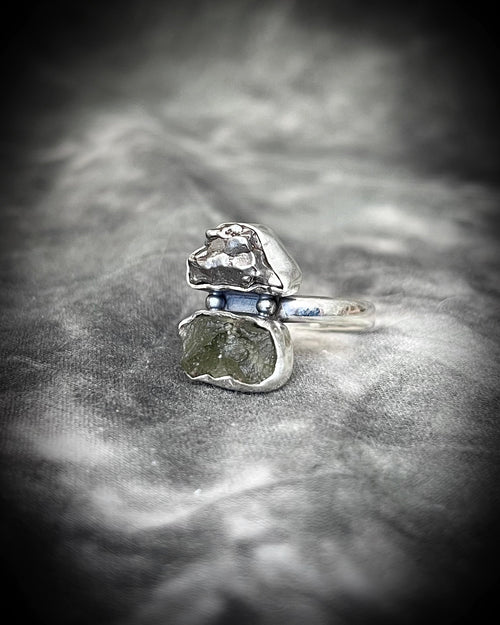 Sterling silver multi-stone ring for women featuring moldavite crystal and a genuine iron meteorite from outerspace. 