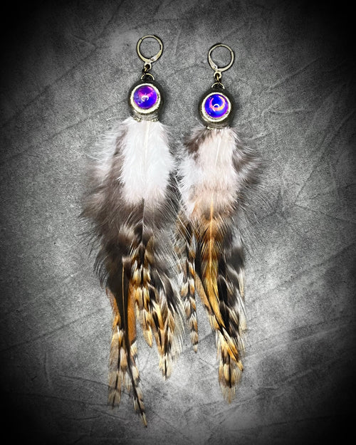 Handmade amethyst birthstone crystal healing feather dangle earrings for her.  USA made gift for summer jewelry, travel jewelry or festival jewelry!