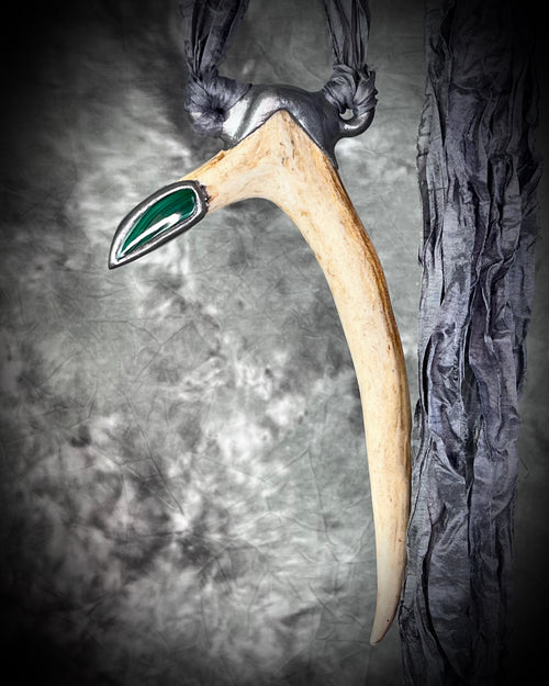 Antler and malachite crystal handmade shamanic crystal healing talisman.  Spiritual jewelry for your soul. 