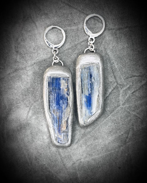 Blue Kyanite throat chakra crystal healing dangle earrings.  Sterling Silver handmade earrings for calm.  Made in the USA.