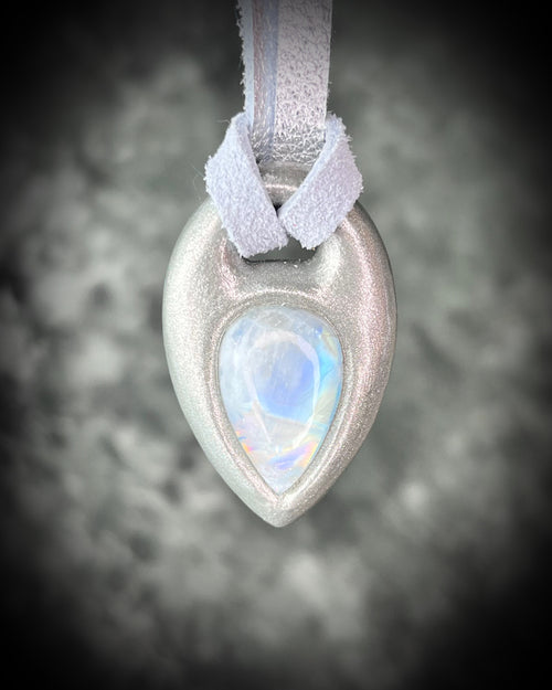 Handmade designer silver moonstone necklace on leather for an organic boho goddess vibe. 