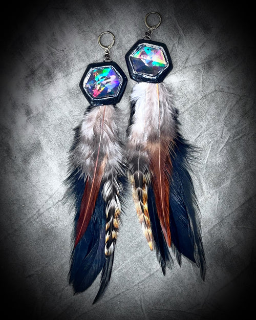 Quartz Gemstone Feather Handmade David Bowie Inspired Gift Dark Crystal Dangle Earrings