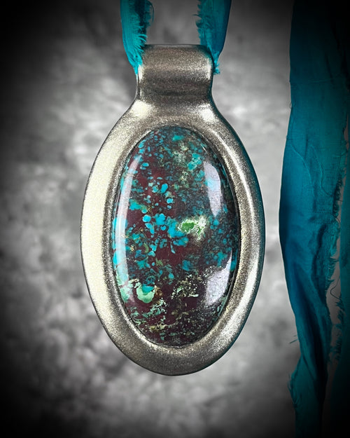 Earthy and organic Chrysocolla crystal necklace, handmade with transformative teal recycled silk for an eco-friendly elegance.  Made in the USA.