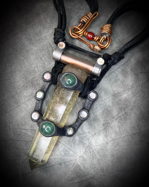 Handmade citrine, jade, mother of pearl leather gemstone necklace, artisanal and organic jewelry for her. Lgbtqia artist made, trans made. 