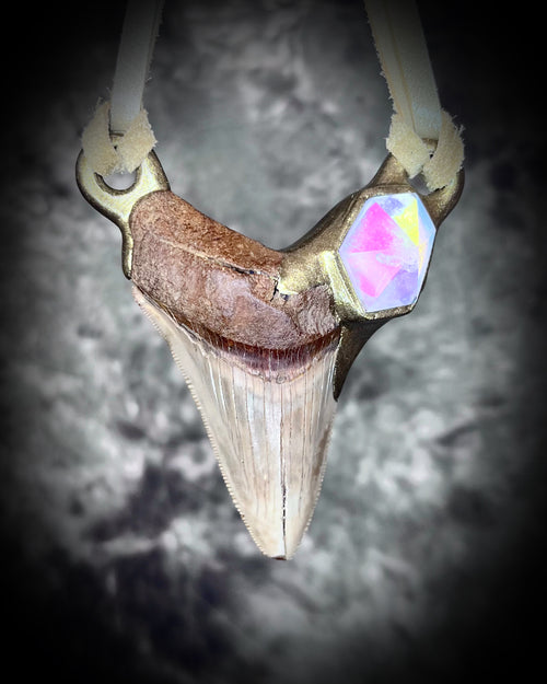 Made in the USA holiday gift for her, this vintage inspired megalodon and quartz crystal healing talisman is pure fantasy!  Sculptural jewelry in a gold finish for a boho look and magical soul!