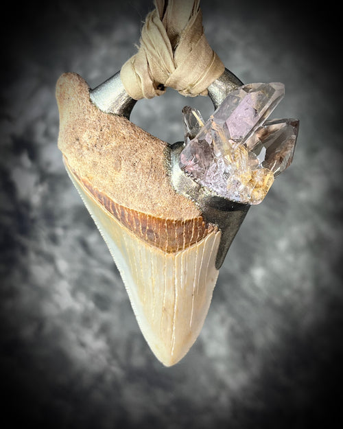 Earthy museum level Megalodon Fossil handmade necklace with crystal clear golden rutilated quartz gemstone. Mocha Mousse Recycled silk for an organic sustainable appeal.