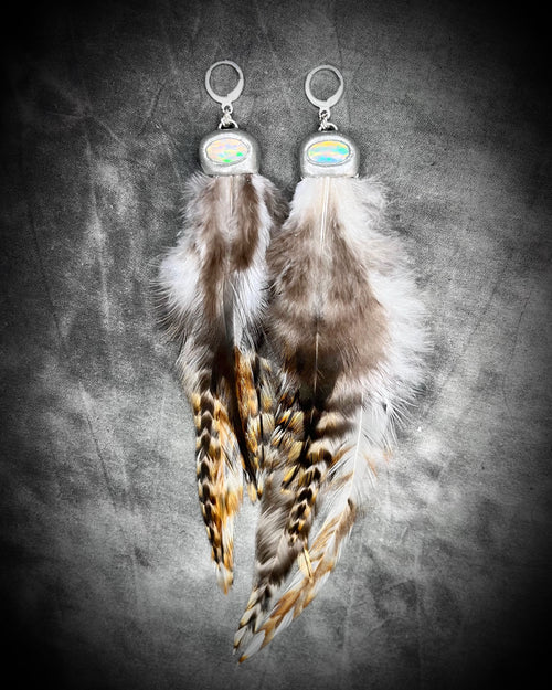 Genuine Opal and Natural Feather Handmade Sterling Silver Dangle Crystal Healing Earrings!  Perfect boho jewelry for festival, summer, travel and vacation jewelry or beach wedding!