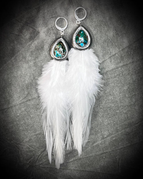 Chrysocolla and white feather throat and heart chakra crystal healing dangle earrings.  Sterling Silver handmade earrings for calm.  Boho Bridal earrings. Made in the USA.