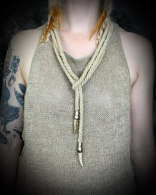 Versatile beige rope accessory for everyday, festival, cosplay or renaissance festival, adorned with two antler tips. Wear as a belt, necklace, hat band or head wrap, decoration, bondage rope or harness.