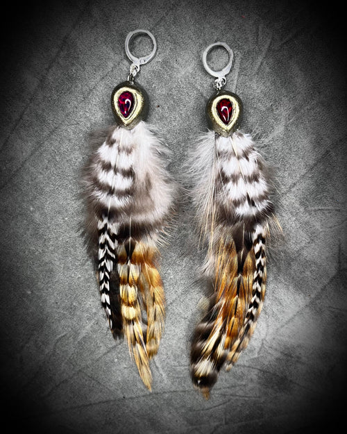 Handmade, natural feather earrings with sterling silver huggy earring hooks featuring garnet gemstone. Boho vintage meets 2025 maximalist jewelry trend!