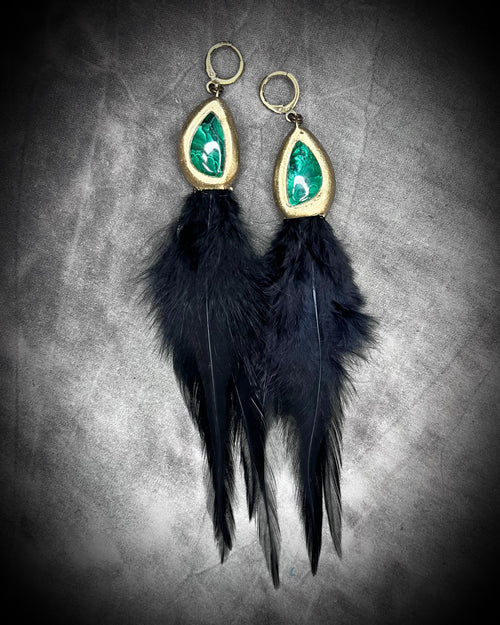 Vintage inspired handmade dangle earrings featuring malachite heart healing crystal and natural organic feathers!  Boho gift for her,  festival jewelry or travel jewelry!