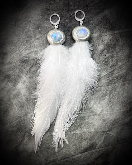 Handmade sterling silver white feather moonstone crystal healing dangle earrings.  80's inspired goddess jewelry for her.  